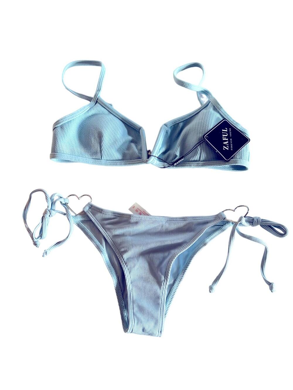 ZAFUL ribbed light blue bikini silver heart hardware and string side bottom NWT